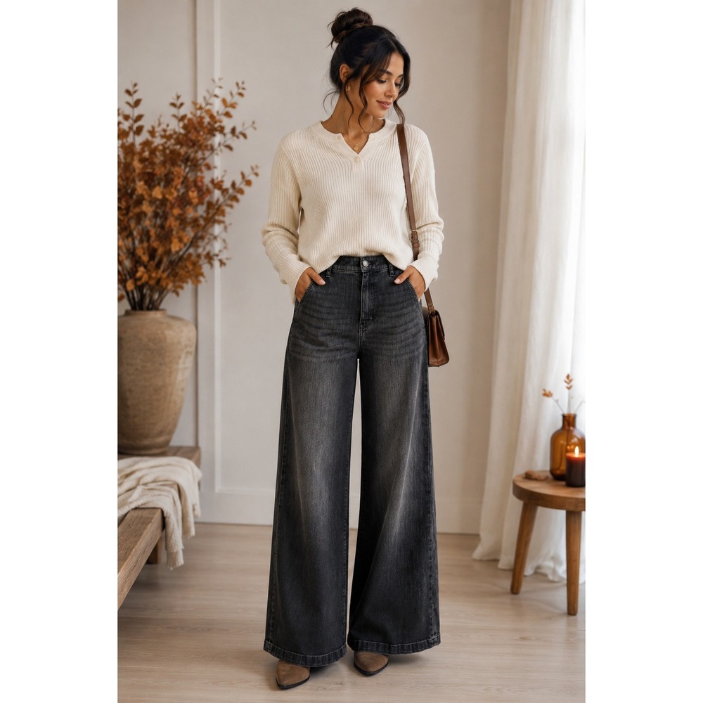 WHBM Extra High Rise Eco Wide Leg Jeans Size 4 Black Wash Trouser Denim